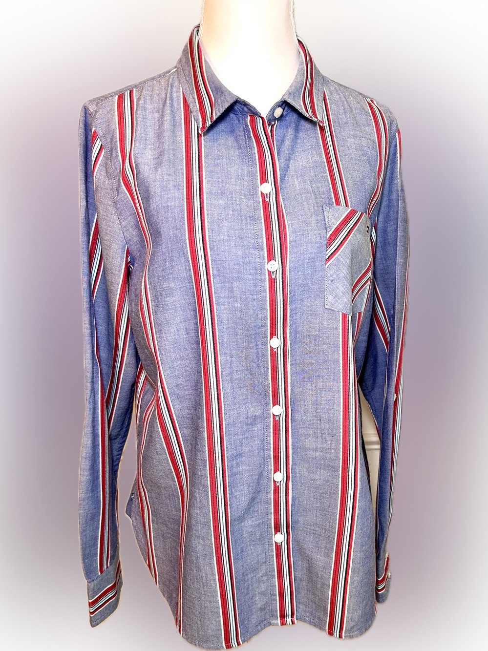 Tommy Hilfiger Blue Button-Down Shirt with Red & White Stripes Women’s M